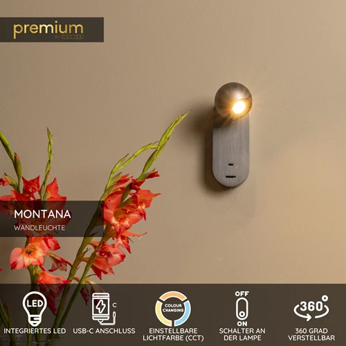 Lucide MONTANA - Wandleuchte - LED - CCT - 1x6,3W 2700K/4000K - Mit USB-Ladepunkt - Grauguss | Premium - USP